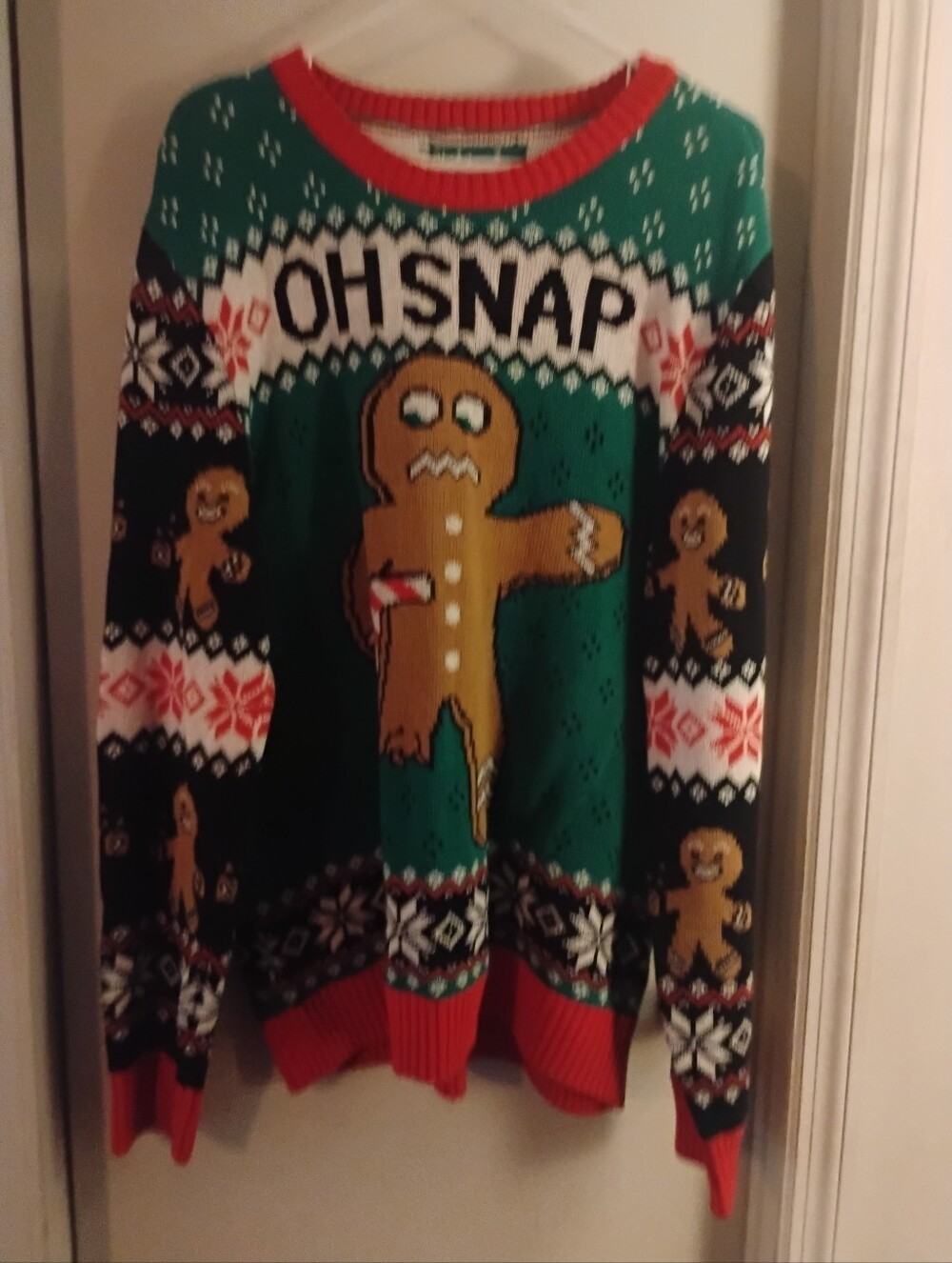Ugly Christmas Sweater XL "Oh Snap" Gingerbread Man Green Red Black Holiday